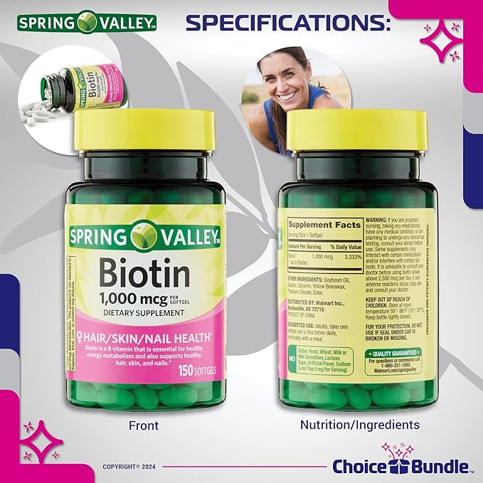 Choice Bundle Spring Valley Biotin Softgels 1000mcg Dietary Supplement for Hair Skin Nail Health 150 Ct 2 pk (300 Total) + Vitamin Guide &amp Pill Container (4 Items)!