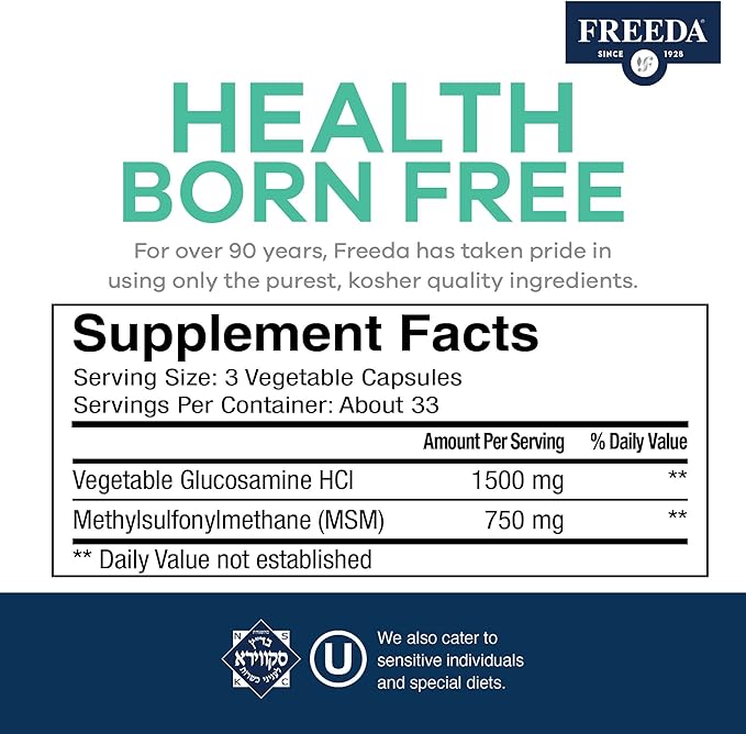 FREEDA Glucosamine MSM – Vegan Joint Flexibility &amp Mobility Supplement – Vegetarian Glucosamine Without Shellfish – Supports Joint Function – Third-Party Tested – (250 Capsules)