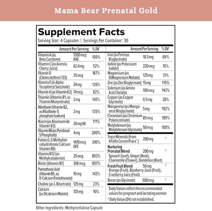 SPRIGS Mama Bear Prenatal Gold Multivitamin with Methylated Folate &amp Choline Easy to Digest Prenatal Vitamins for Women Clean Herbal Blend Pregnancy Support Supplement 120 Capsules