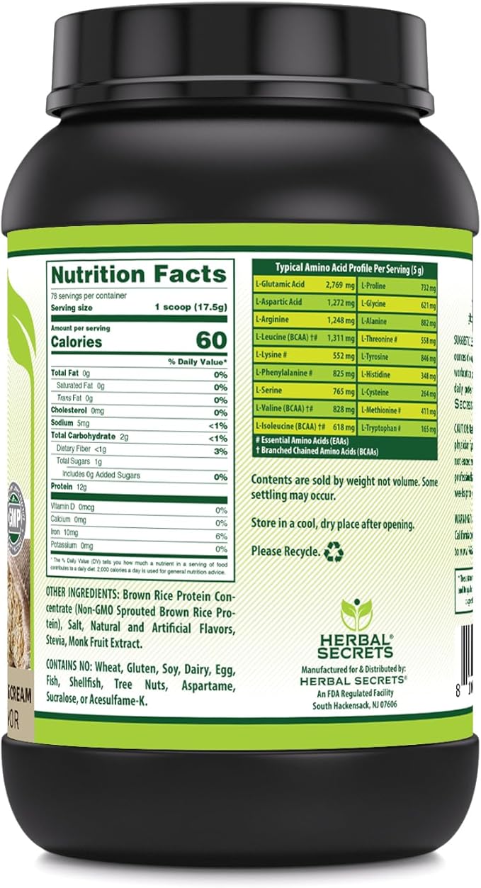 Herbal Secrets Brown Rice Protein Supplement | 3 Lb Powder | 12 Grams Protein per Serving | Vegan | Made in USA (3 Lb Cookies &amp Cream)