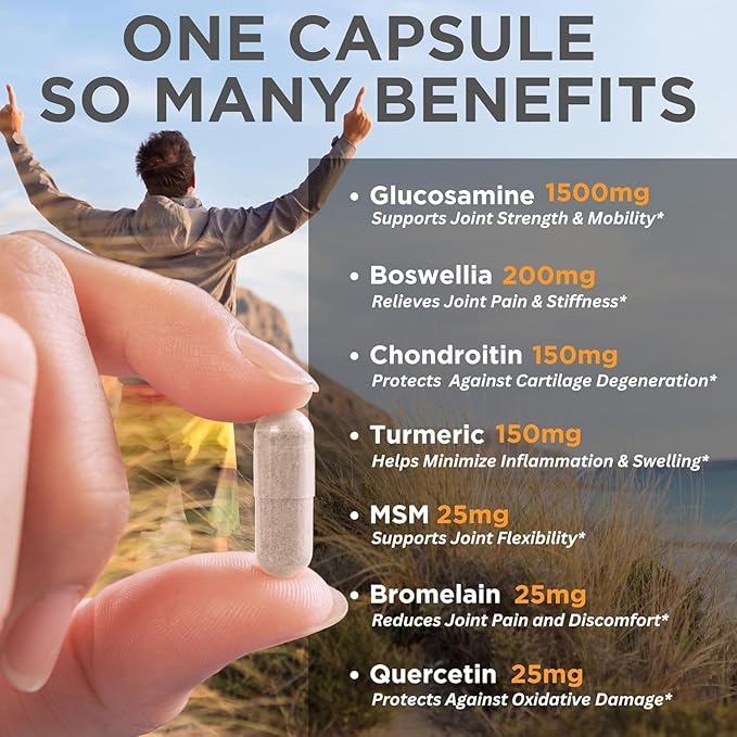 Glucosamine Chondroitin MSM with Turmeric 180 Capsules - Joint Supplements for Women &amp Men – with Boswellia Quercetin – Clear Joint Support Supplement for Flexibility Mobility Cartilage Repair