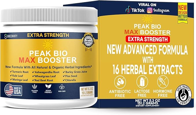 Peak Bio Max Booster Extra Strength Natural Organic Supplement with Turmeric Ashwagandha Moringa 28 Servings 5.3 oz Powder (1)