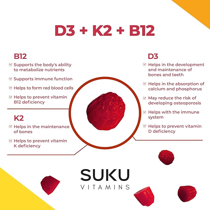 SUKU Vitamins Vegan D3 + K2 + B12 Sugar-Free &amp Sugar-Alcohol-Free Keto 2000IU Vitamin D Gummy Supplement for Healthy Bones Immune Function Healthy Metabolism Lemon Dragon Fruit Flavor (50 Gummi