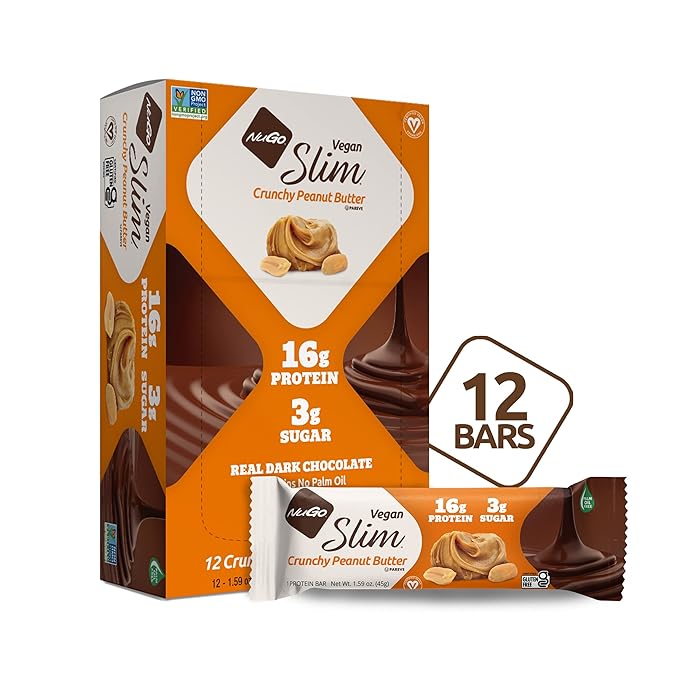 NuGo Slim Dark Chocolate Crunchy Peanut Butter 17g Vegan Protein 3g Sugar 12 Count and NuGo Plant Protein Powder 20g Protein 3g Sugar 25 Servings