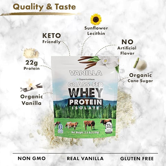 Opportuniteas Grass Fed Whey Protein Isolate Powder - 28g Unflavored &amp Vanilla Protein Protein Without Artificial Sweeteners Hormone-Free Happy Cows - Un-denatured Non GMO Keto &amp Paleo Diet