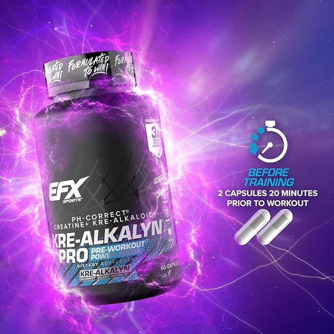 EFX Sports Kre-Alkalyn Pro | pH Correct Creatine Monohydrate Pill Supplement | Muscle Building Pre Workout for Men &amp Women | 30 Servings 60 Capsules