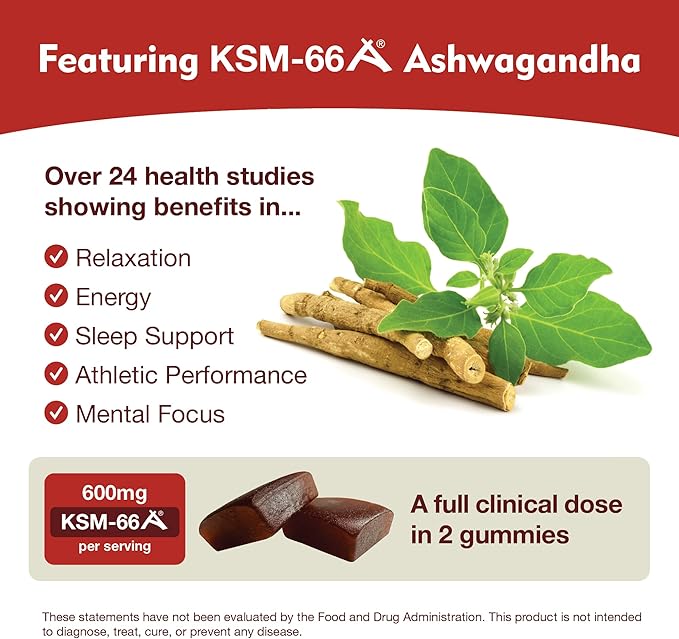 KSM-66 Ashwagandha Gummies - 600mg Organic Root Extract per Serving - Delicious Natural Apple-Berry Flavor | Supports Relaxation Focus &amp Energy (60 Gummies)