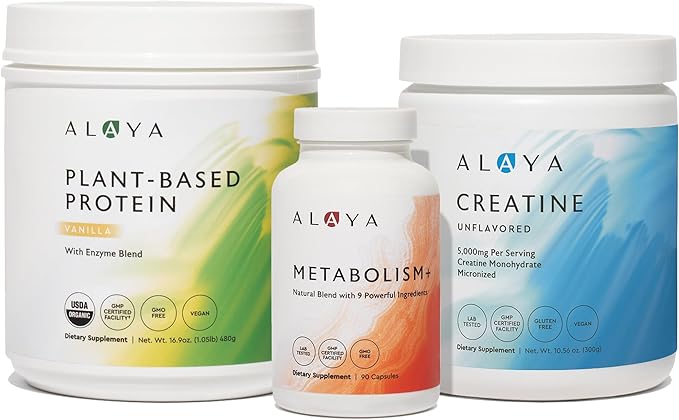 Alaya Plant-Based Protein Powder (Vanilla) Micronized Creatine Powder &amp Metabolism Plus Strength Recovery &amp Daily Energy – Fitness Bundle