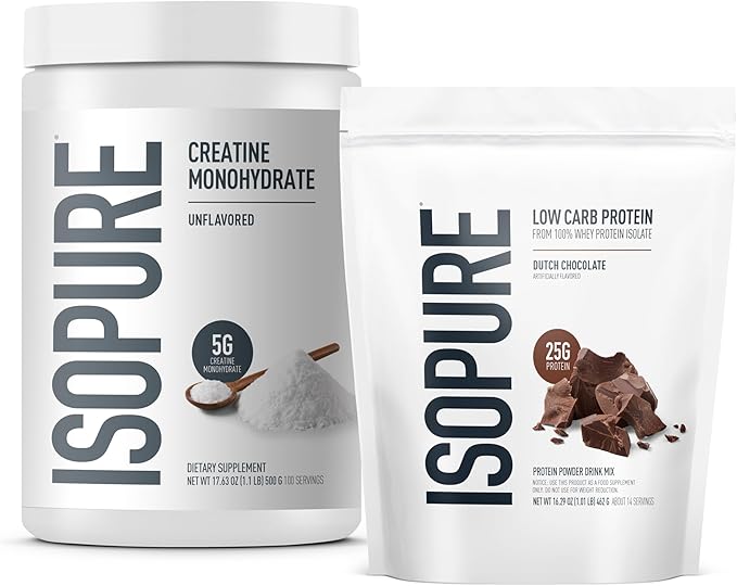 Isopure Bundle of Low Carb 100% Pure Whey Isolate Protein Powder Dutch Chocolate 25g Protein Per Serving 1 Lb 15 Servings + Isopure 100% Pure Creatine Monohydrate Powder 100 Servings