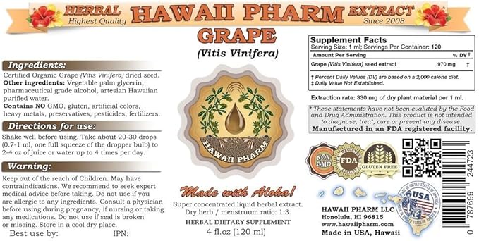 Hawaii Pharm Grape Liquid Extract Grape (Vitis Vinifera) Seed Tincture Supplement 4 oz