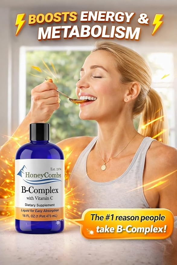 HoneyCombs Liquid Vitamin B Complex Drops B-Complex Supplement with B12 B6 B1 B2 B3 B5 B7 B9 + Vitamin C – Methylated Multivitamin Liquid Vitamins for Energy Support – Fast Absorbing Vegan USA