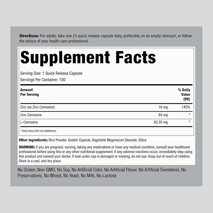 Piping Rock Zinc Carnosine Supplement | 84mg | 150 Capsules | Non-GMO Gluten Free
