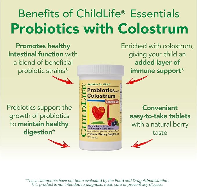 CHILDLIFE ESSENTIALS ChildBiotics with Colostrum- Probiotics for Kids Probiotics for Digestive Health Chewables Children's Probiotic Colostrum for Kids Gluten Free - Natural Berry 92 Tablets