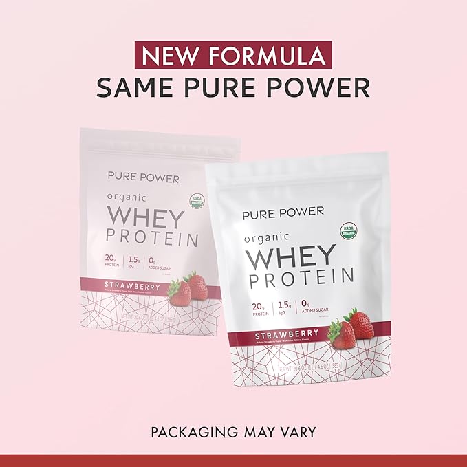 Dr. Mercola Pure Power Organic Whey Protein - 20 g Protein - Supports Muscle Growth &amp Energy - Grass-Fed Whey Concentrate - 15 Servings (20.60 oz) - Strawberry