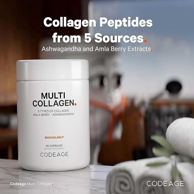 Codeage Multi Collagen Peptides Protein Capsules 5 Collagen Types Grass-Fed &amp Hydrolyzed Bovine Collagen Pills Supplement Ashwagandha Amla Berry Vitamins Collagen Peptides - 90 Capsules
