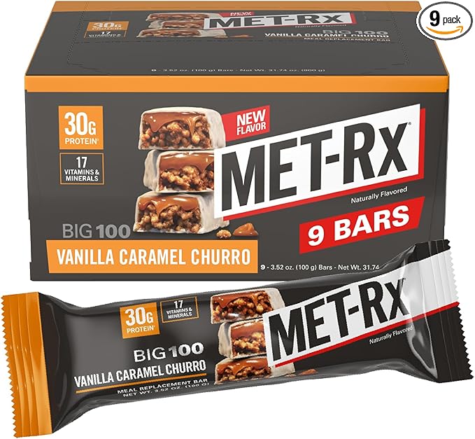 MET-Rx Big 100 Colossal Protein Bars Vanilla Caramel Churro Meal Replacement Bars Brown 9 Count