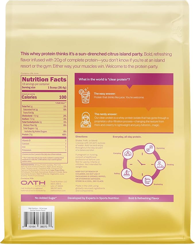 Oath Nutrition Clear Whey Isolate Protein Powder Sunrise Passion Punch 20g Complete Protein per Serving No Added Sugar Grass-Fed 18 Servings