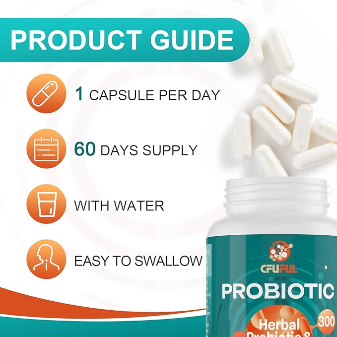 Probiotics for Women &amp Men - 300 Billion CFU 24 Strains Probiotic + 15 Organic Herbs Prebiotics Blend for Overall Digestive Gut Health Immune Constipation &amp Bloating Shelf Stable - 4 Mont