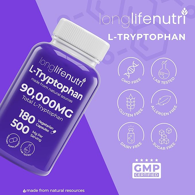 LongLifeNutri L-Tryptophan 500mg - 180 Veggie Capsules 6 Month Supply - Natural Sleep Aid and Mood Stability Support for Serotonin Balance - Lab Tested Made in USA Non-GMO