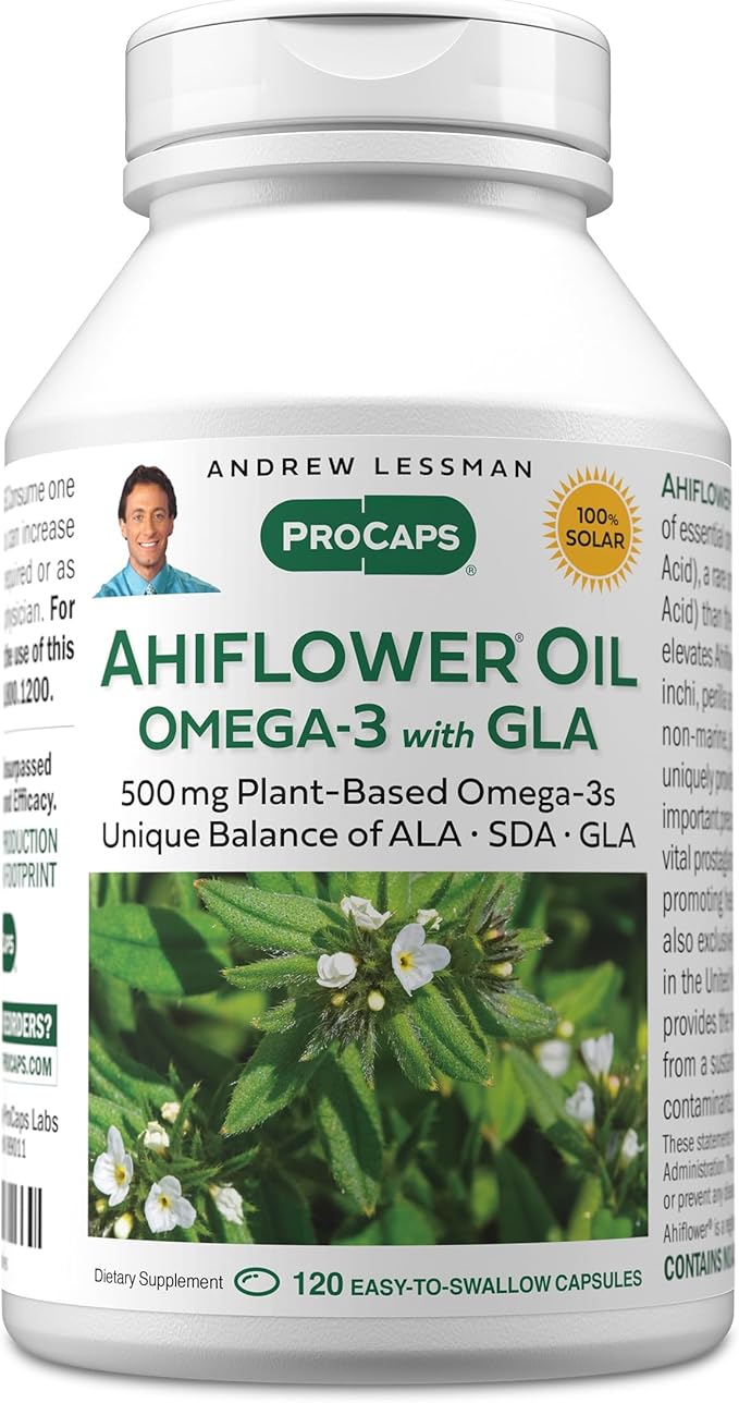 ANDREW LESSMAN Ahiflower Omega-3 with GLA - 120 Softgels - Uniquely Balanced Plant-Based Source of Essential Omega-3 Fatty acids. No Stomach Upset Contaminants or Mercury. Easy to Swallow