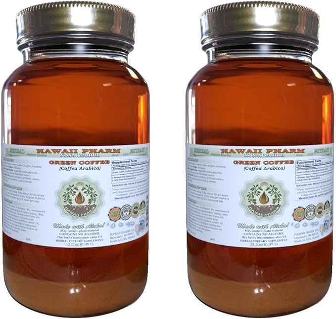 Hawaii Pharm Green Coffee Alcohol-Free Liquid Extract Green Coffee (Coffea Arabica) Dried Bean Glycerite Natural Herbal Supplement 2x32 oz Unfiltered