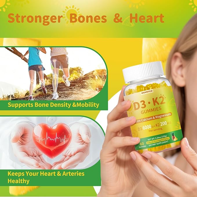 Vitamin D3 K2 Gummies High Absorption 6000 IU D3 + 200mcg K2 (MK-7) with Calcium &amp Magnesium Glycinate Extra Strength for Bone Teeth &amp Immune Support Pineapple Flavor 2-Pack 120 Count