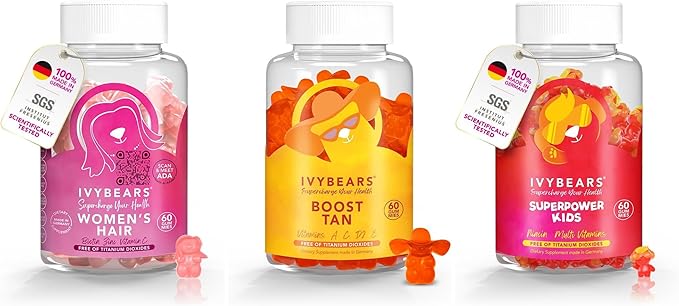 IvyBears® Mom Glow &amp Family Wellness Bundle – Hair Vitamin Tanning &amp Kids Multivitamin Gummies – Hair Growth Radiant Tan &amp Immune Support – Vegan – Made in Germany – 3-Pack