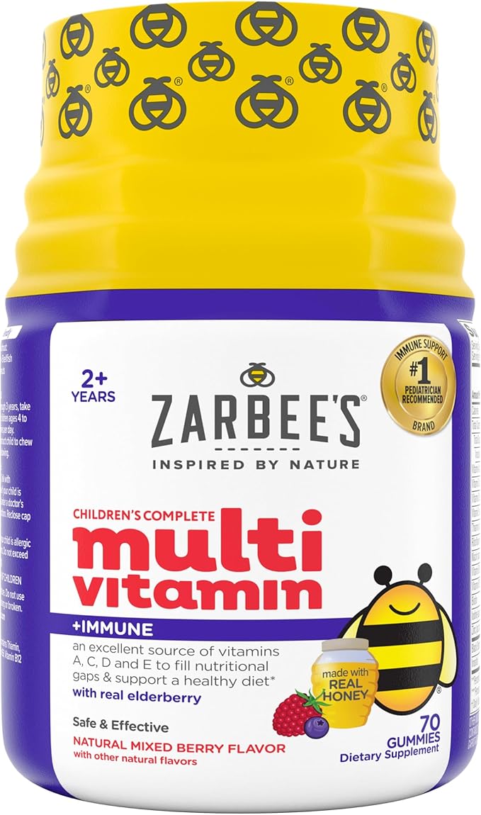 Zarbee's Complete Kids Multivitamin Gummies + Immune Support Berry Flavor Honey-Sweetened Gluten-Free &amp Gelatin-Free Vitamins A C D3 E B6 B12 Folic Acid &amp B-Complex 70 Count (Pack o