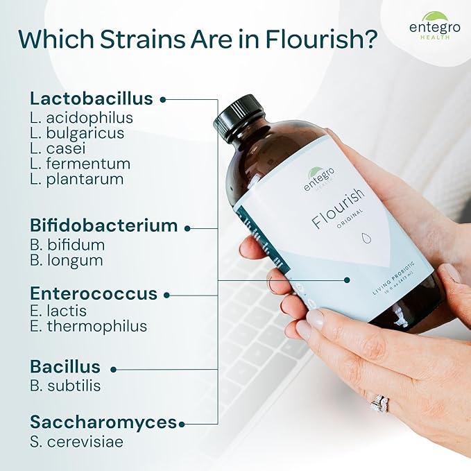 ENTEGRO Flourish Original Liquid Probiotic &amp Postbiotic Supplement - Plastic | 11 Live Cultures | Gut &amp Digestive Health for Women Men Kids | Organic Vegan Allergen Free | USA Made | 16 fl