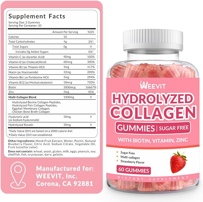 Sugar Free Collagen Gummies for Women Collagen Protein Type IIIIIIVX with Biotin Vitamin C D B12 Hydrolyzed Collagen Peptides Gummies for Immune Digestion Skin Hair Nails Energy Bone
