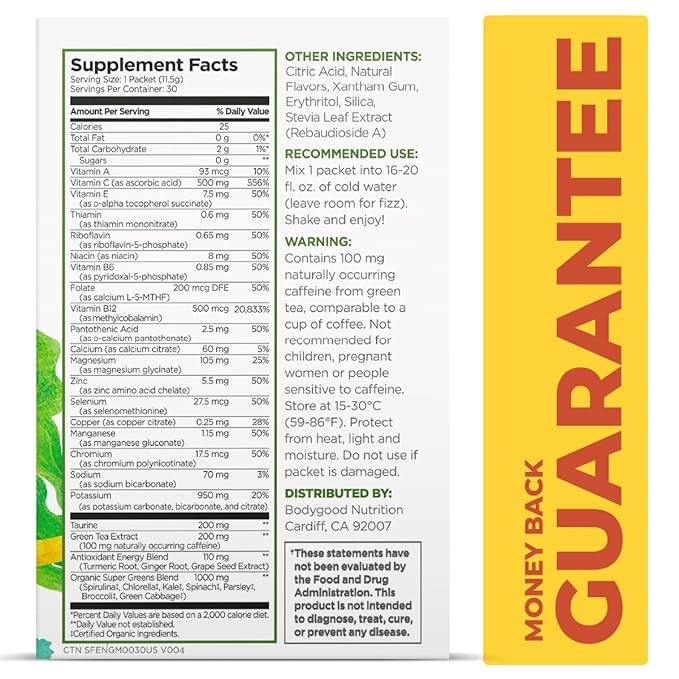 Pureboost Superfoods Clean Energy Booster Energy Drink Mix Powder with 7 Organic Green Superfoods Spirulina Kale Broccoli and Vitamins Green Apple Pineapple Mango (Green Mojo 30 Count)