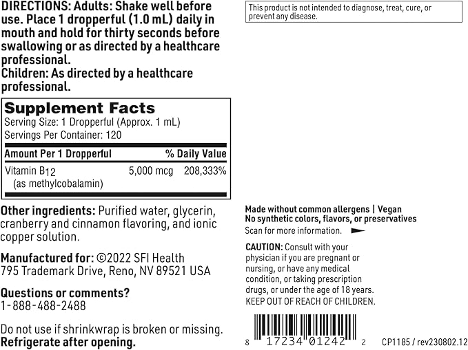 Klaire Labs SFI Health Vitamin B12 Liquid Drops 5mg - Mood &amp Cognitive Support from 5000mcg Active Coenzyme Methylcobalamin - Hypoallergenic (120 Servings 4 Fluid Ounces)