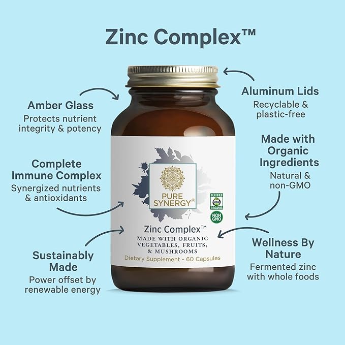 PURE SYNERGY Zinc Complex | Immune Support Supplement | Natural Vegan Zinc Complex with Vitamin C and Organic Whole Foods | for Immune Brain and Skin Health (60 Capsules)