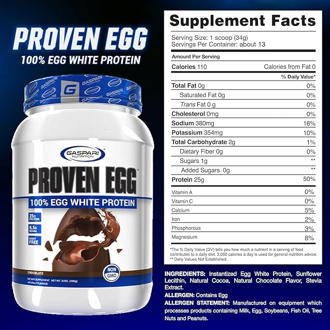 Gaspari Nutrition Proven Egg 100% Egg White Protein 25g Protein Keto Friendly Dairy and Lactose Free Soy Free (1lb Chocolate)