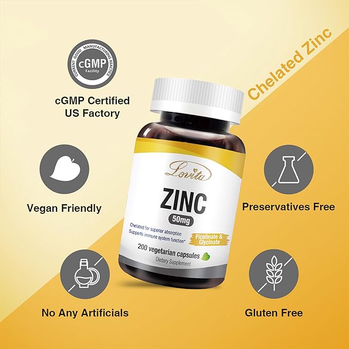 LOVITA Zinc 50mg | Potent Highly-Absorbed Chelated Zinc Supplements Picolinate &amp Bisglycinate | Vegan Gluten Free non-GMO | For Immune Antioxidant Support &amp Healthy Skin | 200 Capsules (Pa