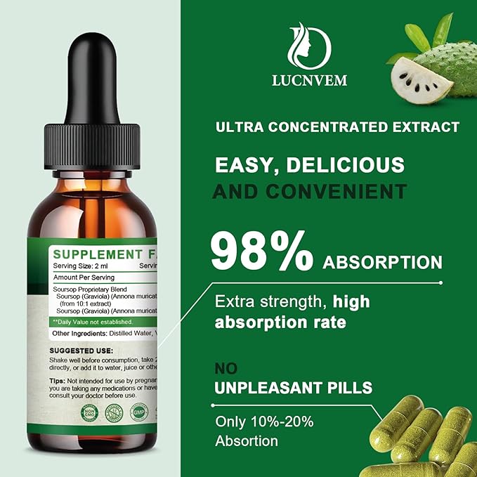 Soursop Graviola Bitters Liquid Drops Soursop Extract Organic Pure Rich in Multivitamin for Natural Antioxidant Cell Support &amp Regeneration Immune Boost 4 Fl OZ - 60 Day Vegan Supply