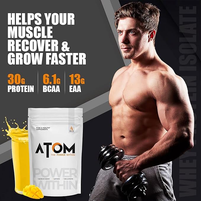 Asitis Nutrition Atom Whey Protein Isolate 1kg/35.2 Oz | 30g Protein 6.1g Bcaa &amp 13g Eaa | Ultra-pure Fast Acting Protein | Mango Delight Flavor No Added Sugar Cross-flow Microfiltered