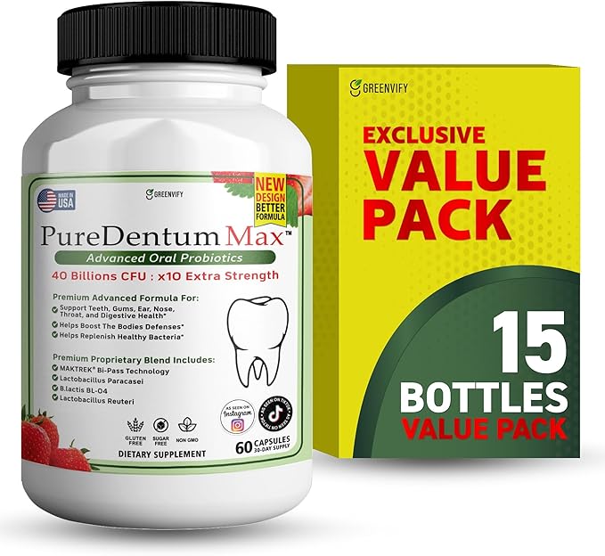 Puredentum Max for Gums and Teeth Health &amp Fresh Breath - 40 Billion CFU Advanced Oral Probiotics for Mouth Bad Breath Capsule Supplement (15)