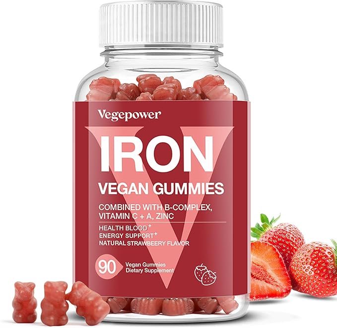 Vegan Iron Gummies Strawberry Plus Iron Bisglycinate 30MG | Vegan Iron Supplement Support for Blood Healthy &amp Daily Energy for Adults &amp Kids - 90 Count+60 Count