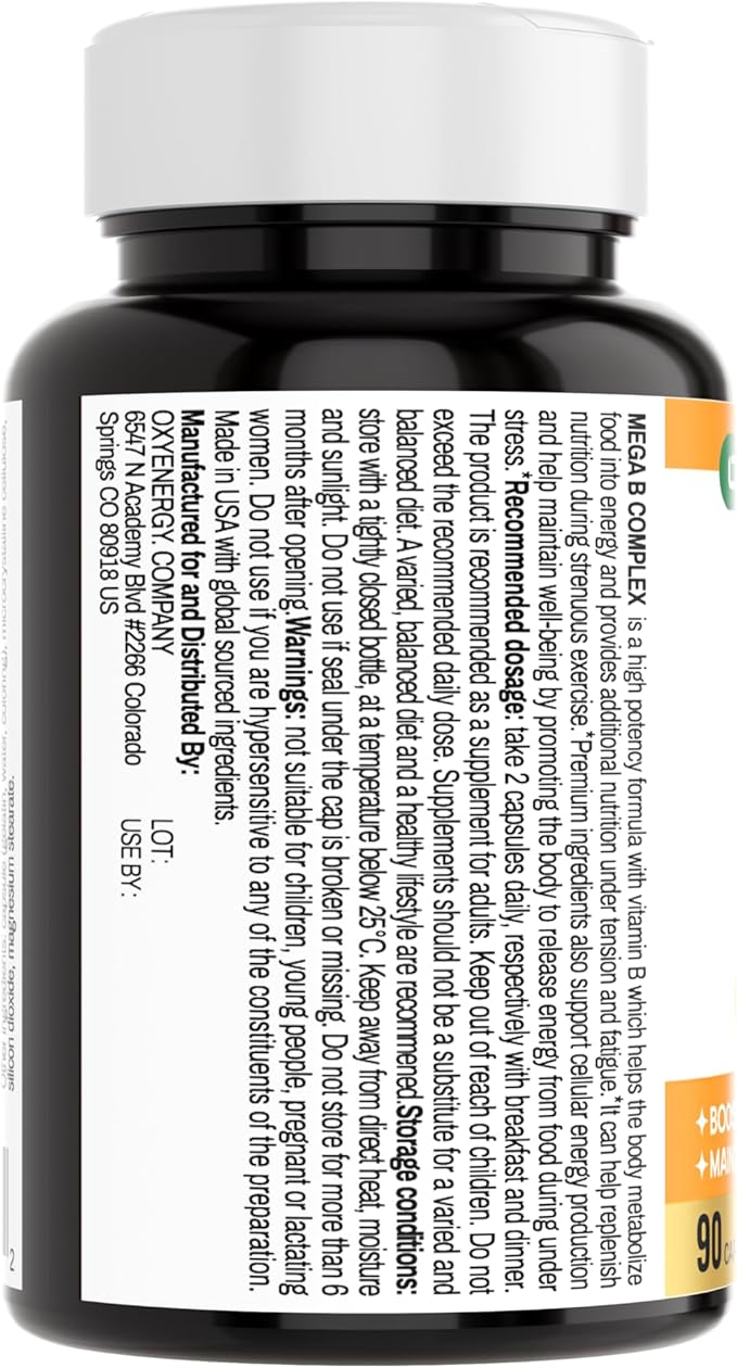 OxyEnergy Mega Vitamin B Complex for Women and Men with Choline Inositol Biotin Folic Acid B1 B2 B3 B5 B6 B12 Neurological Health Support Cellular Energy - 90 Capsules45Days Supply