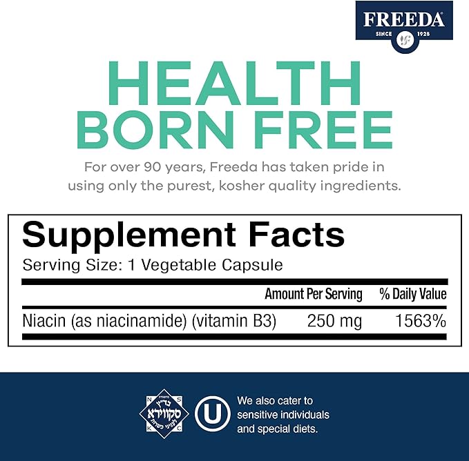 Freeda Niacinamide - Vitamin B3 Niacinamide 250 mg - Vegetarian No Flush Niacin Formula - B3 Vitamins Niacinamide Supplement - Niacin Flush Free Niacin Supplement Vitamin B3 Nicotinamide 500 Capsules