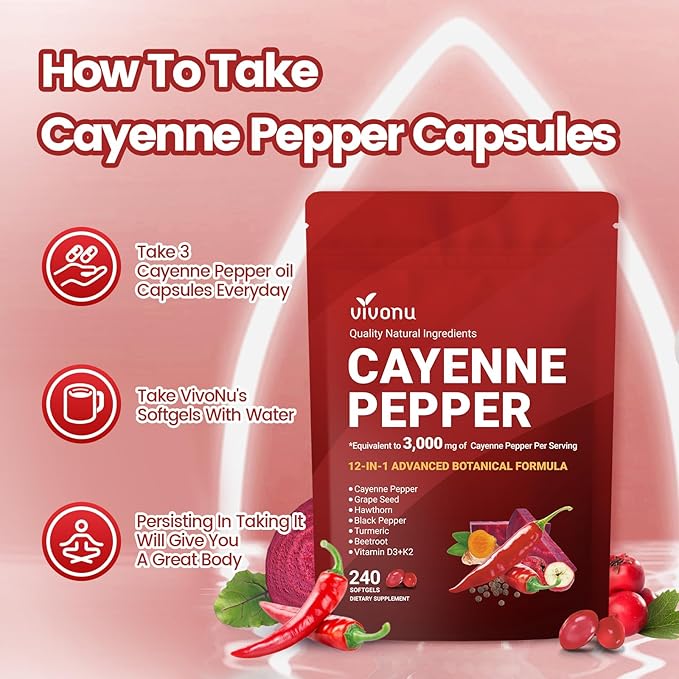 Cayenne Pepper Softgels Supplement with Vitamin E D3+K2 and Extracts of Turmeric Grape Seed Hawthorn Beetroot Berberine and Others Supports Leg Vein Heart and Blood Vessel Health (1 Pack)