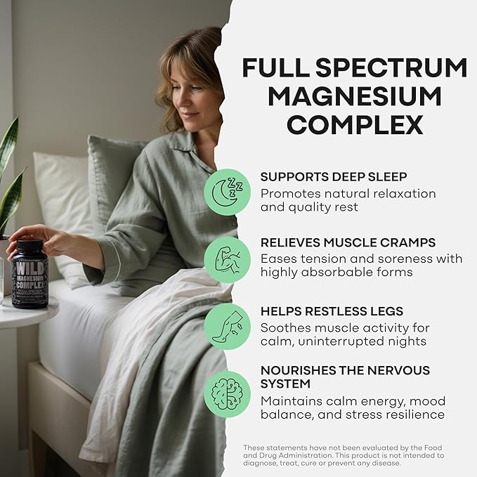 Wild Foods Magnesium Complex Supplement with 7X Forms 90 Capsules | High Absorption Full Spectrum Easy Digestion | 500mg Glycinate Bisglycinate Malate Orotate Citrate Taurate