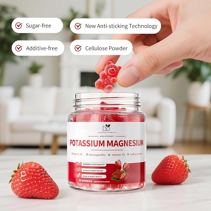 2 Pack Potassium Magnesium Gummies Sugar Free Potassium Supplement Magnesium Glycinate 500mg Ashwagandha Vitamins D3 C B6 Calcium &amp Zinc for Sleep Leg Cramps &amp Muscle Relaxation-120 Cou