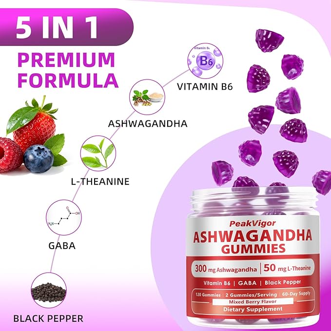 3000mg Organic Ashwagandha Gummies 5-IN-1 Ashwagandha Supplements Anxiety Gummies with Vitamin B6 &amp L-Theanine &amp GABA &amp Black Pepper Ashwagandha for Women &amp Men - Calming &amp Rela