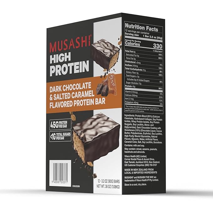 MUSASHI High Protein Bar 45g Protein &lt1g Total Sugars Dark Chocolate &amp Salted Caramel Post Workout and Protein Snack On The Go 12 Pack of 3.2oz (90g) Bars