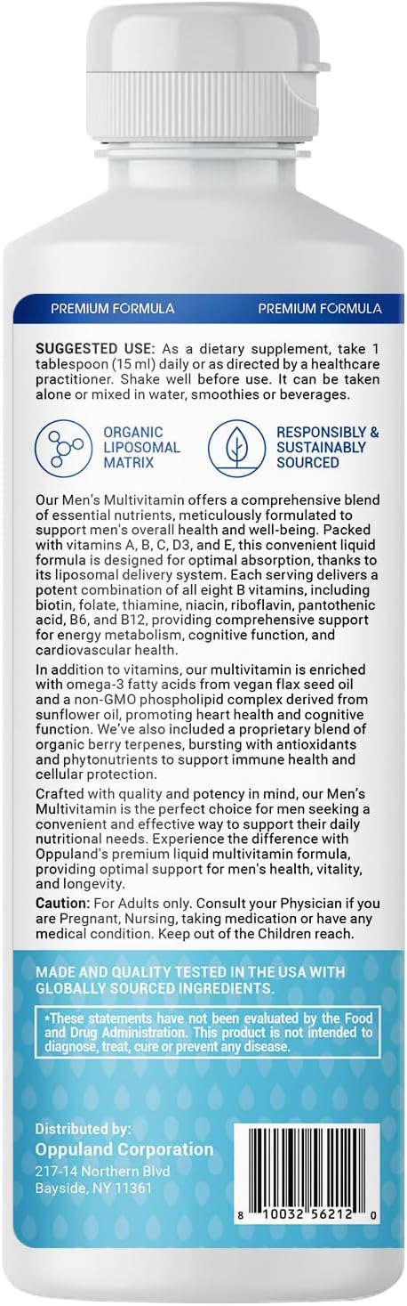 Men's Multivitamin - Liquid Supplement - Liposomal Delivery - Daily Multi Vitamin with Biotin B Complex Omega-3 - Hair &amp Nail Support Vitamin - Peach Flavor - 3000 mg per Serving - 450 mL