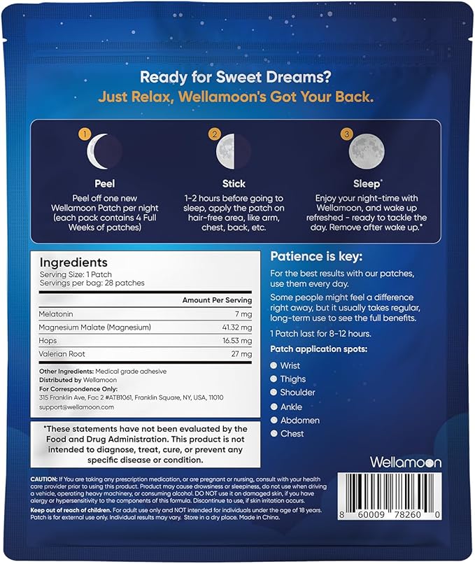 Wellamoon Original Sleep Patches for Adults Extra Strength | Easy-to-Apply Sleep Patch with Melatonin &amp Valerian | Relax &amp Wake Up Refreshed | Long-Lasting Night Comfort for Men &amp Women |