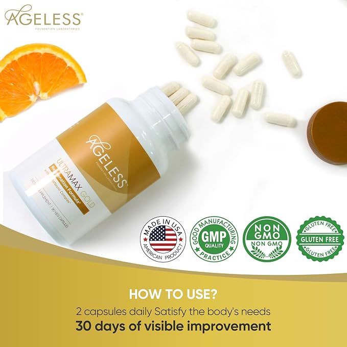 AGELESS™: UltraMAX Gold™ Capsules HGH Anti-Aging Supplement for Women Slows Cellular Aging Supports Immune Health Smoother Skin Tone and Restorative Sleep Weight Management 90 Capsules