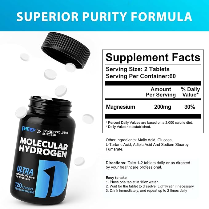 Hydrogen Water Tablets 120 Tablets Fast-Dissolving H2 Molecular Hydrogen with Magnesium Supplements Supports Brain Health Energy and Cognitive Function Non-GMO Gluten-Free &amp Vegan